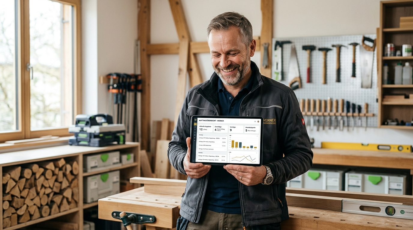 A modern construction management team reviewing digital blueprints and sales maps on a large tablet, showcasing systematic mid-market B2B order sourcing.