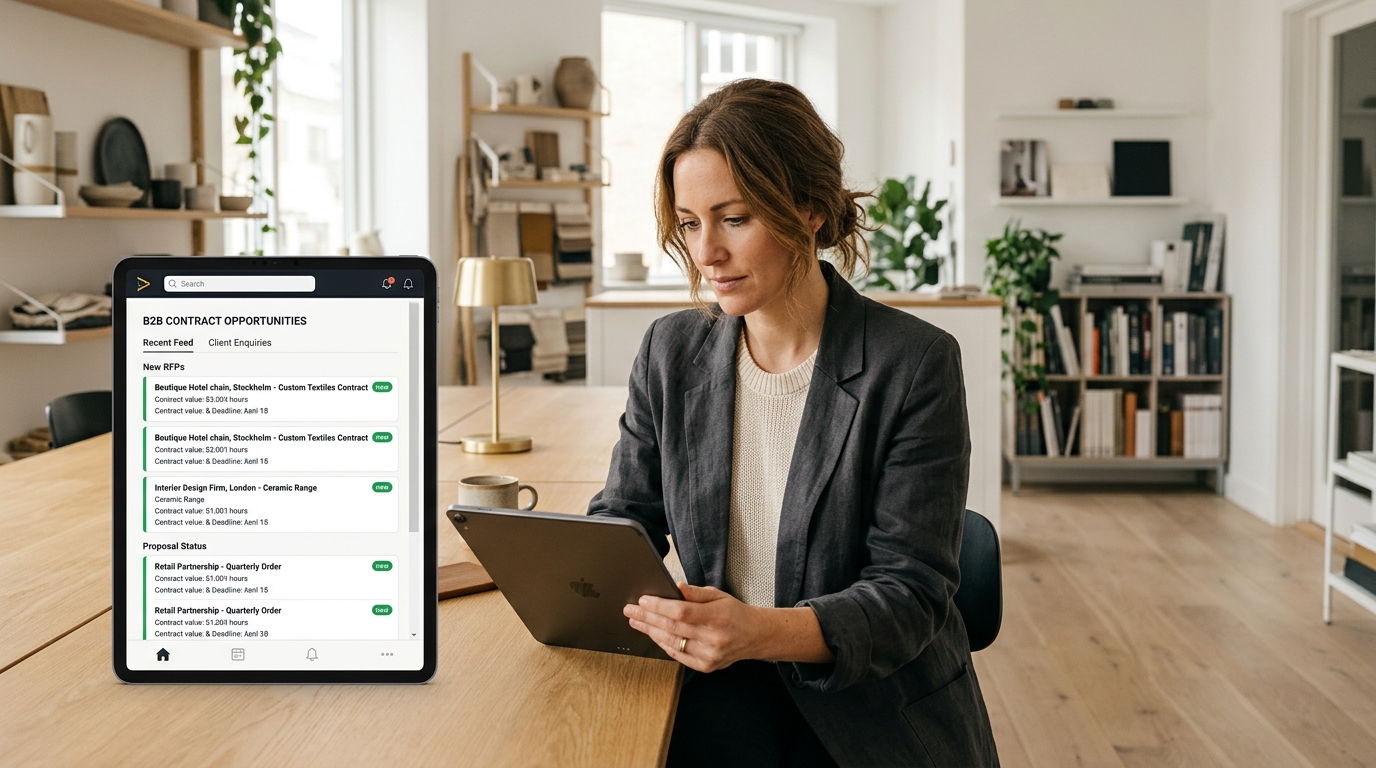 Ein moderner Handwerksunternehmer im Büro, der auf einem Tablet-Bildschirm einen digitalen Signal-Feed mit neuen B2B-Auftragschancen analysiert