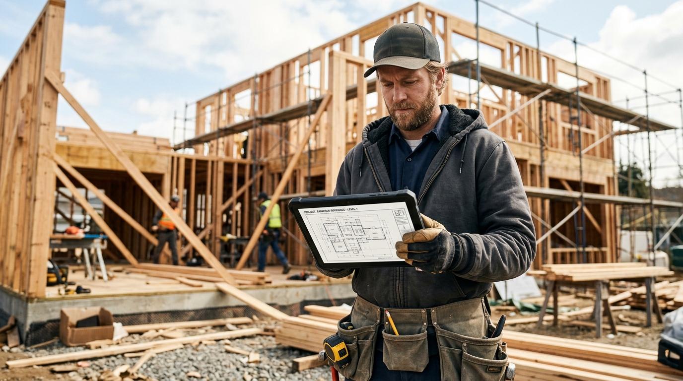 A modern tablet displaying a digital construction site blueprint alongside real-time public tender notification alerts on a wooden desk.