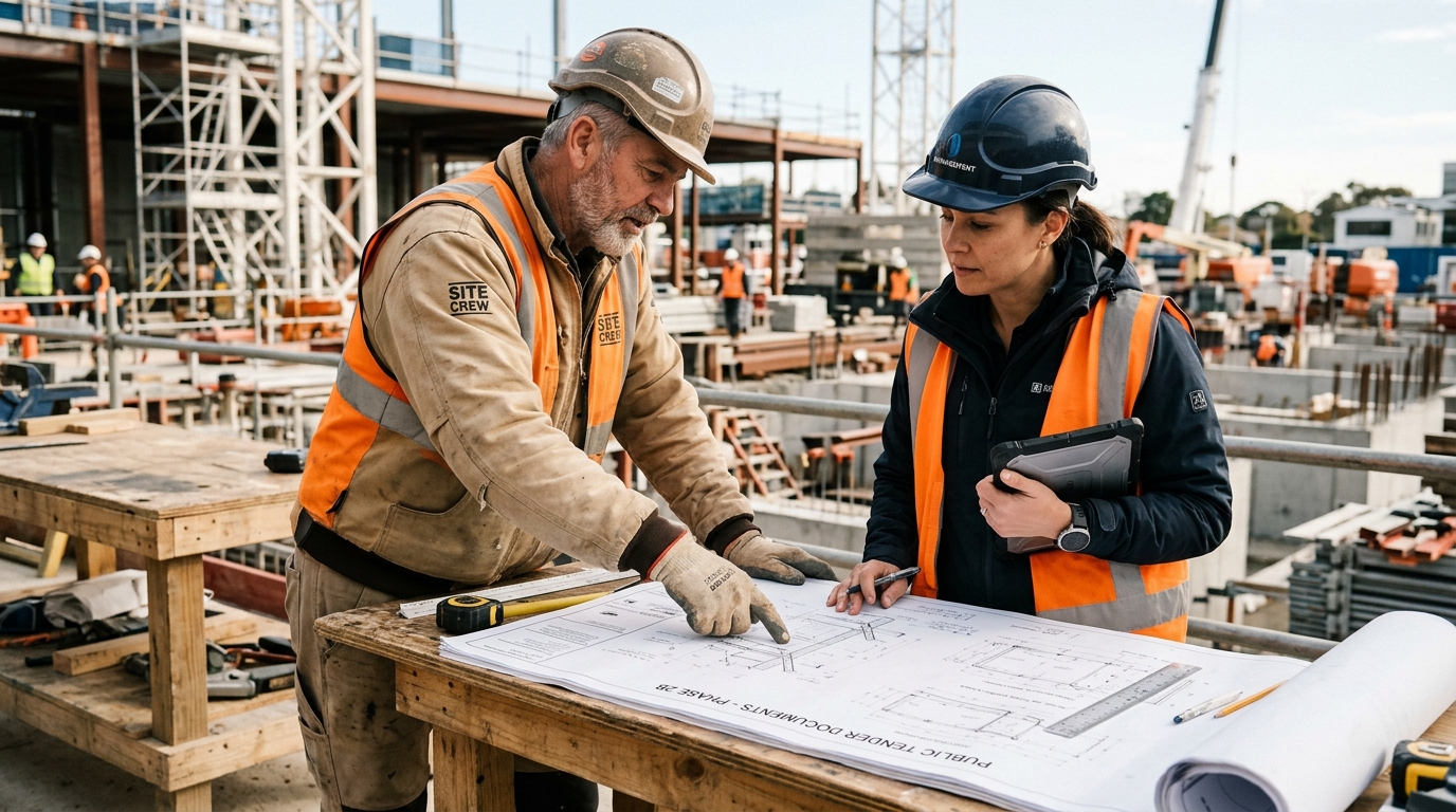 A professional trade team in hard hats reviewing architectural blueprints and digital tablet screens on a busy German construction site.