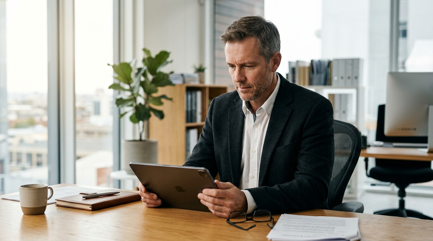 Ein Geschäftsführer im hellen Büro sichtet konzentriert Ausschreibungsunterlagen auf einem Tablet, daneben liegen Notizbuch und ausgedruckte Vergabeunterlagen.