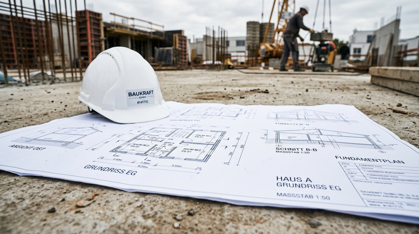 A modern construction site in Germany with scaffolding and cranes under a clear blue sky, illustrating early-stage building project management.