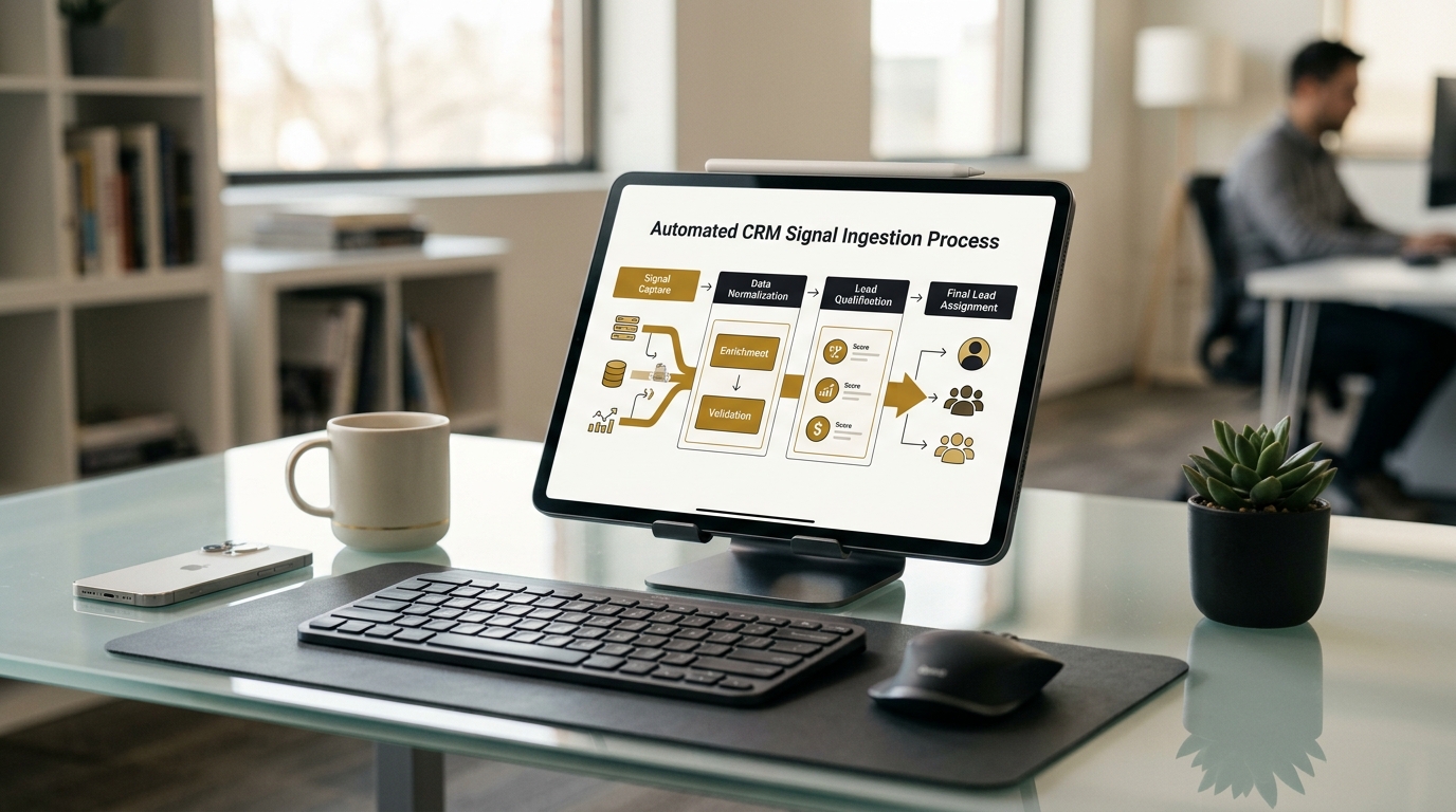 A tablet on a desk shows a flow diagram of automated signal processing in a CRM, from capture through validation to assignment.