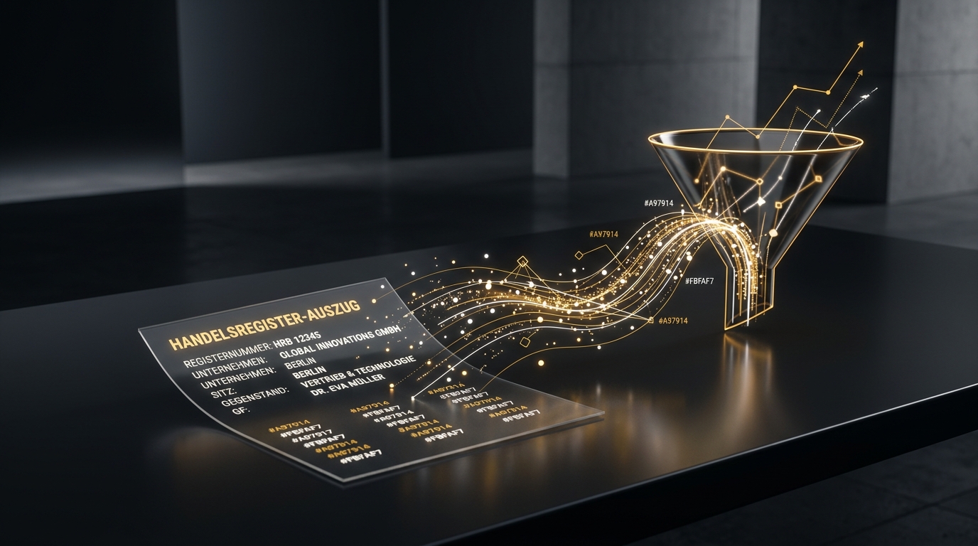 A German commercial register extract lies on a dark surface while glowing data points flow from the document into a funnel with rising trend lines.