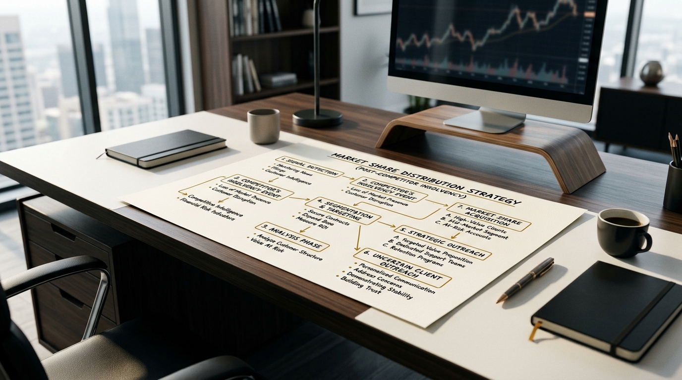Ein Flussdiagramm zur Verteilung von Marktanteilen nach der Insolvenz eines Wettbewerbers liegt ausgedruckt auf einem Schreibtisch, dahinter ein Monitor mit Marktdaten und ein Blick über die Stadt.