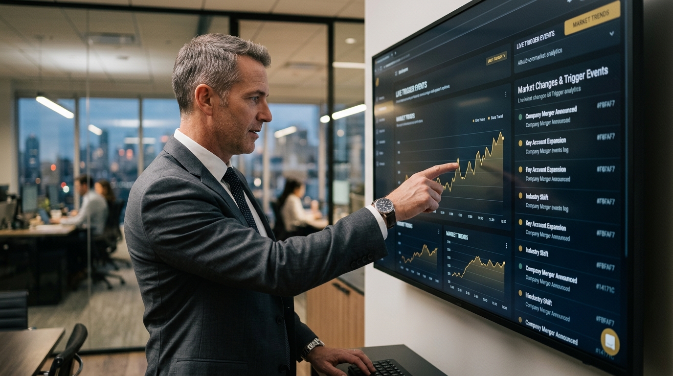 Ein Vertriebsleiter analysiert an einem modernen Dashboard aktuelle Trigger-Events und Marktveränderungen für die B2B-Leadgenerierung.