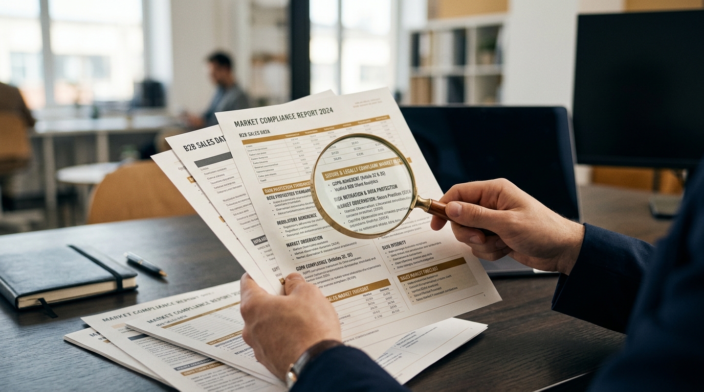 Two hands hold report pages on compliance and market observation, with a magnifying glass enlarging a section on data protection and lawful market analysis.