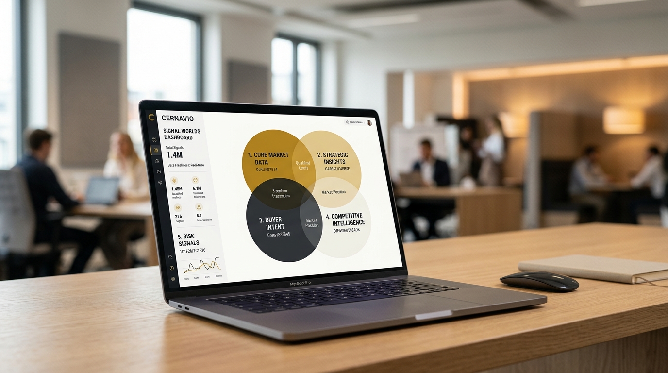 Ein modernes Dashboard zeigt ein Venn-Diagramm der fünf Signalwelten von Cernavio auf einem Laptop-Bildschirm im Hintergrund eines professionellen B2B-Vertriebsbüros.