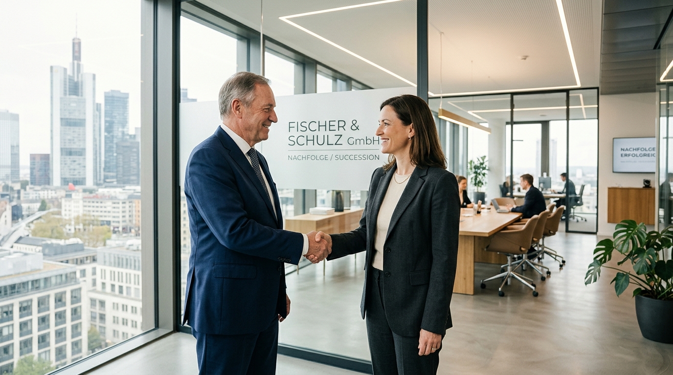 A modern office meeting room in Germany where business leaders shake hands during an M&A or succession transition, symbolizing new B2B sales opportunities.